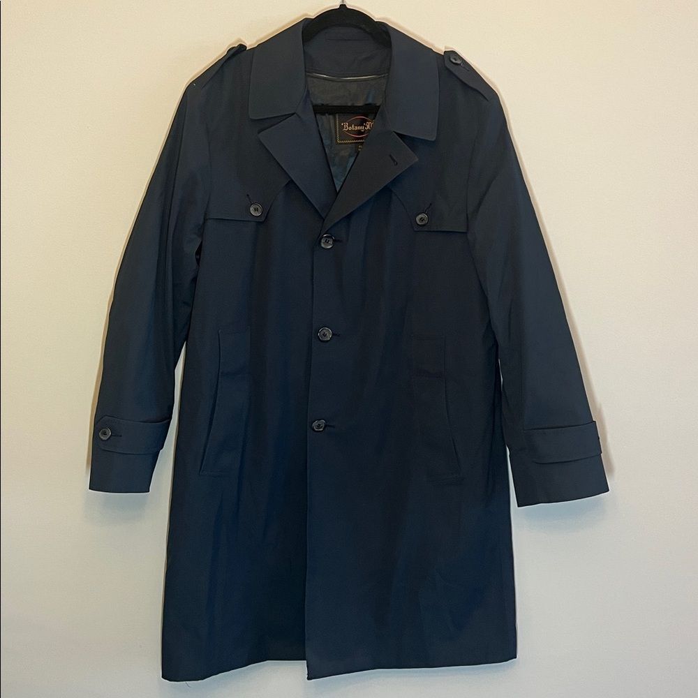 Vintage Botany 500 Navy Trench-Style Overcoat 40R Plaid Wool Liner USA No Belt